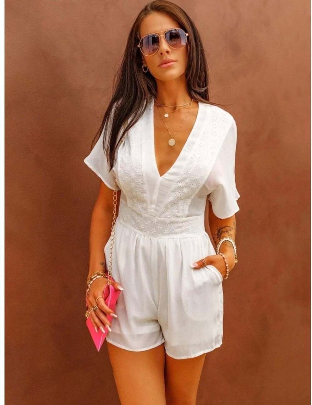 Cmfrt Jumpsuit Plunging Neck Eyelet Embroidery Romper Women’s Size L